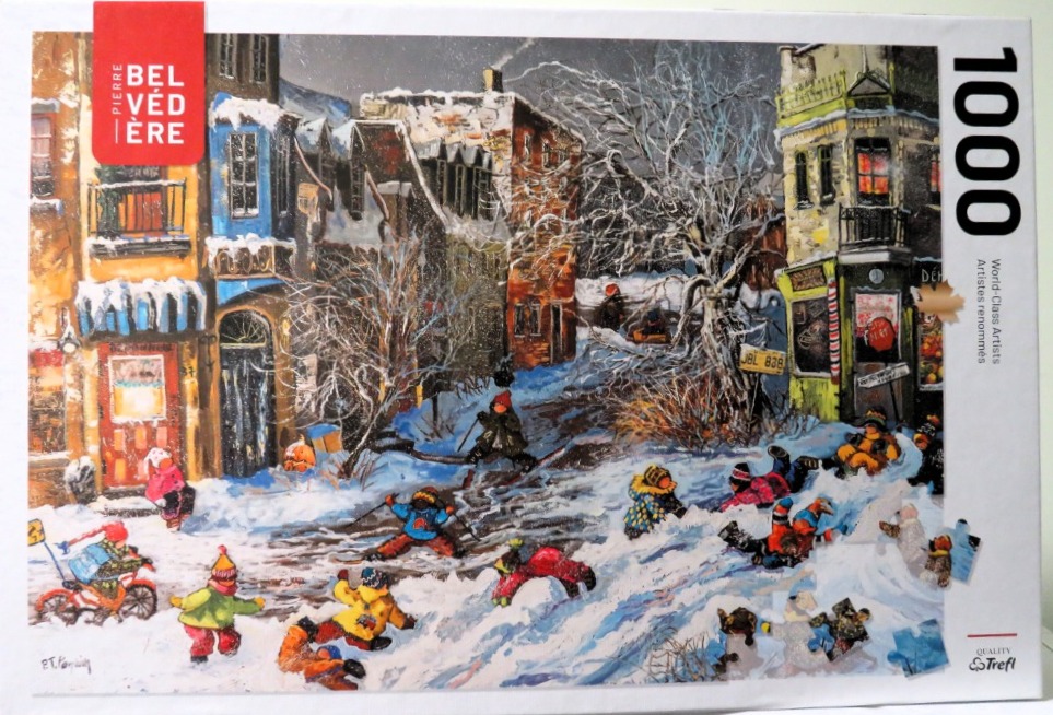 An oil painting of children playing in the snow on a busy city street lined with historic buildings.