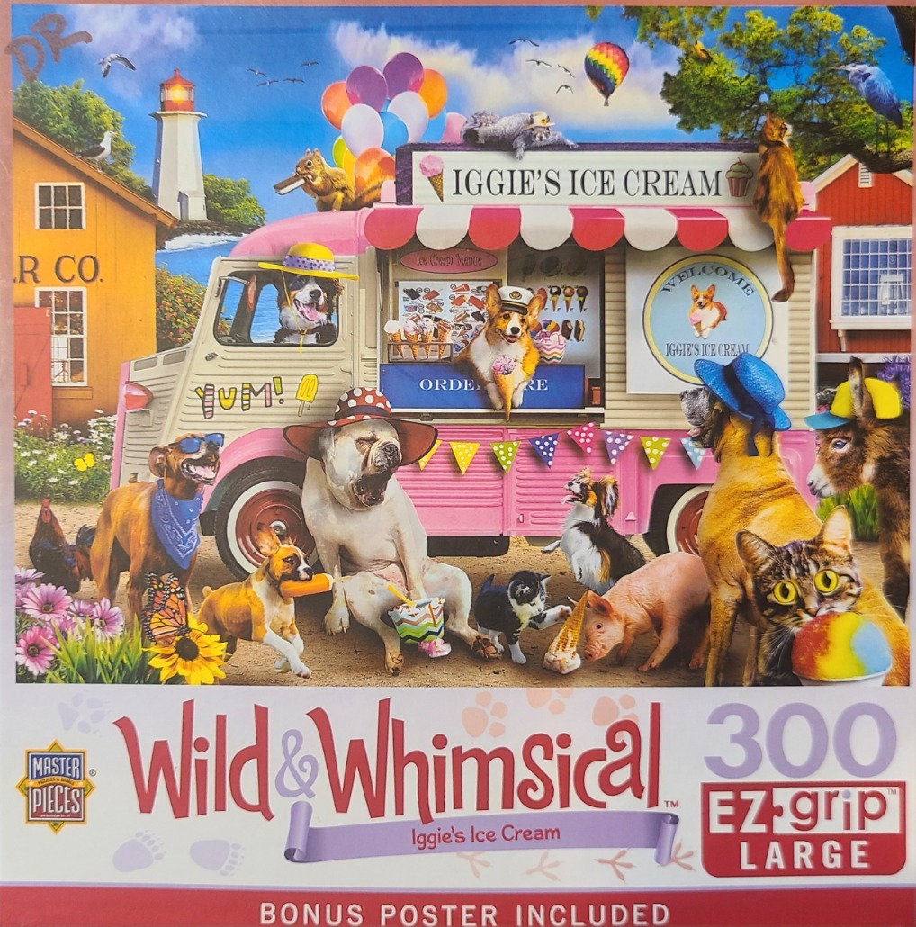 A whimsical scene of dogs, a pig, and a cat gathered around a pink ice cream truck labeled IGGIE'S ICE CREAM.