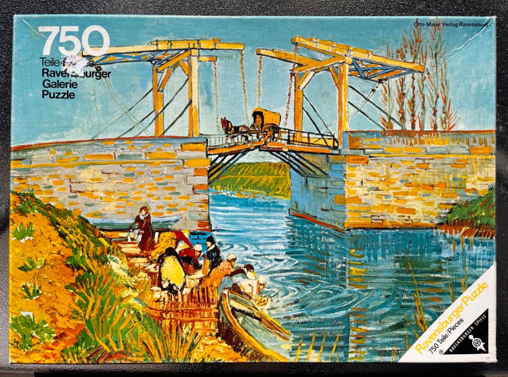 A post-impressionist painting of the Langlois Bridge in Arles with washerwomen at the riverbank.