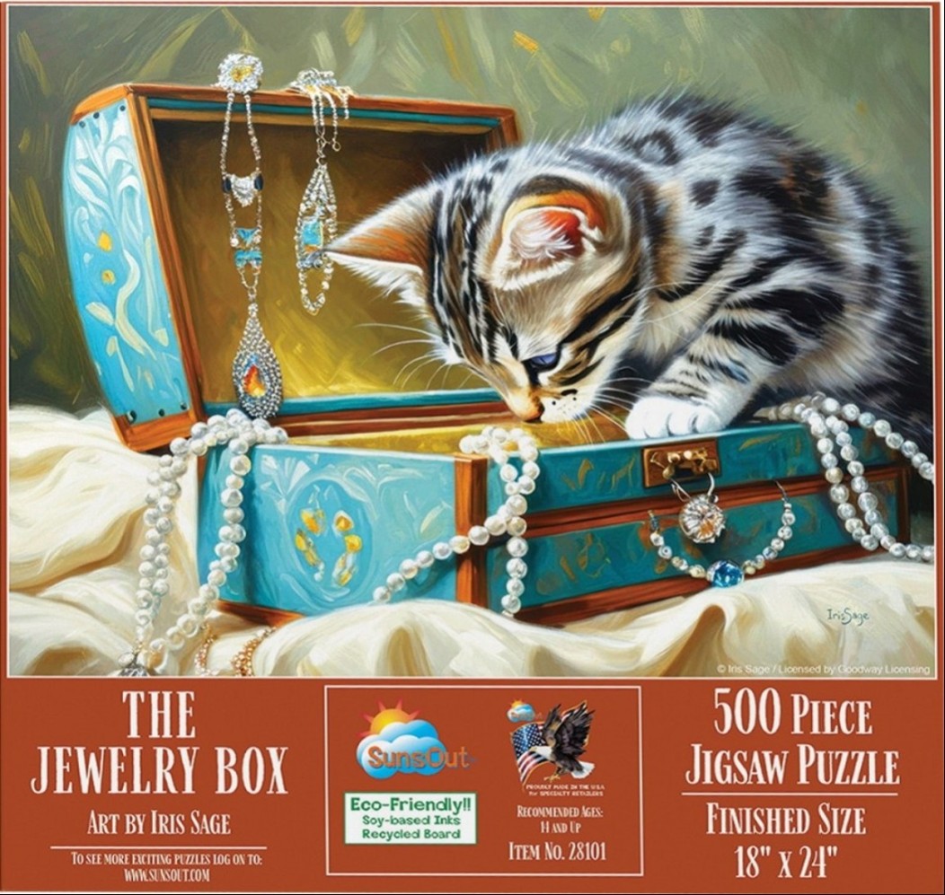 An oil painting of a tabby kitten curiously peering into an open, ornate turquoise jewelry box filled with pearls.