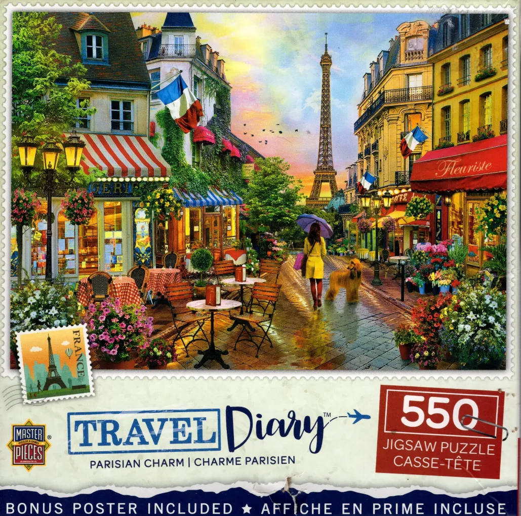 A street scene in Paris showing the Eiffel Tower in the distance with a woman walking her dog.