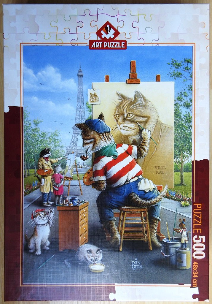 A whimsical illustration of anthropomorphic cats painting in a Paris park with the Eiffel Tower in the background.