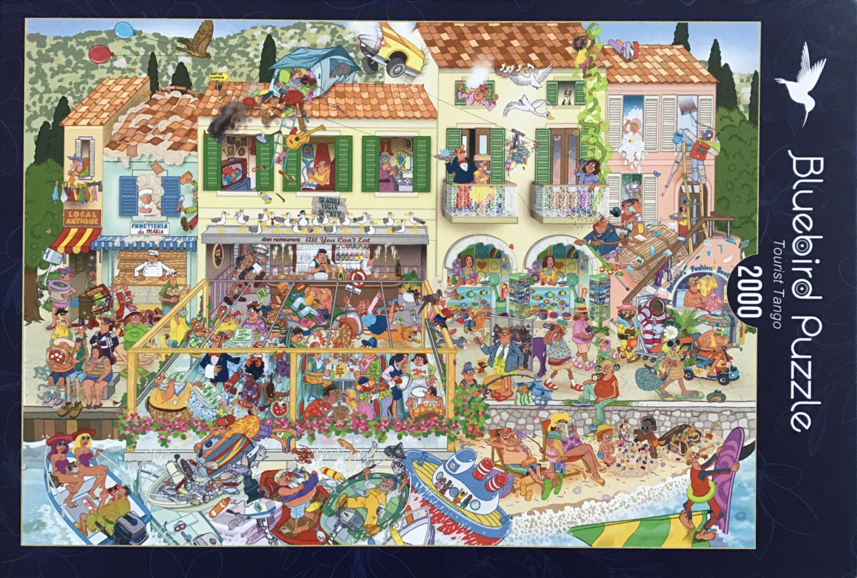 A busy cartoon illustration of a Mediterranean waterfront restaurant and beach with numerous humorous characters.