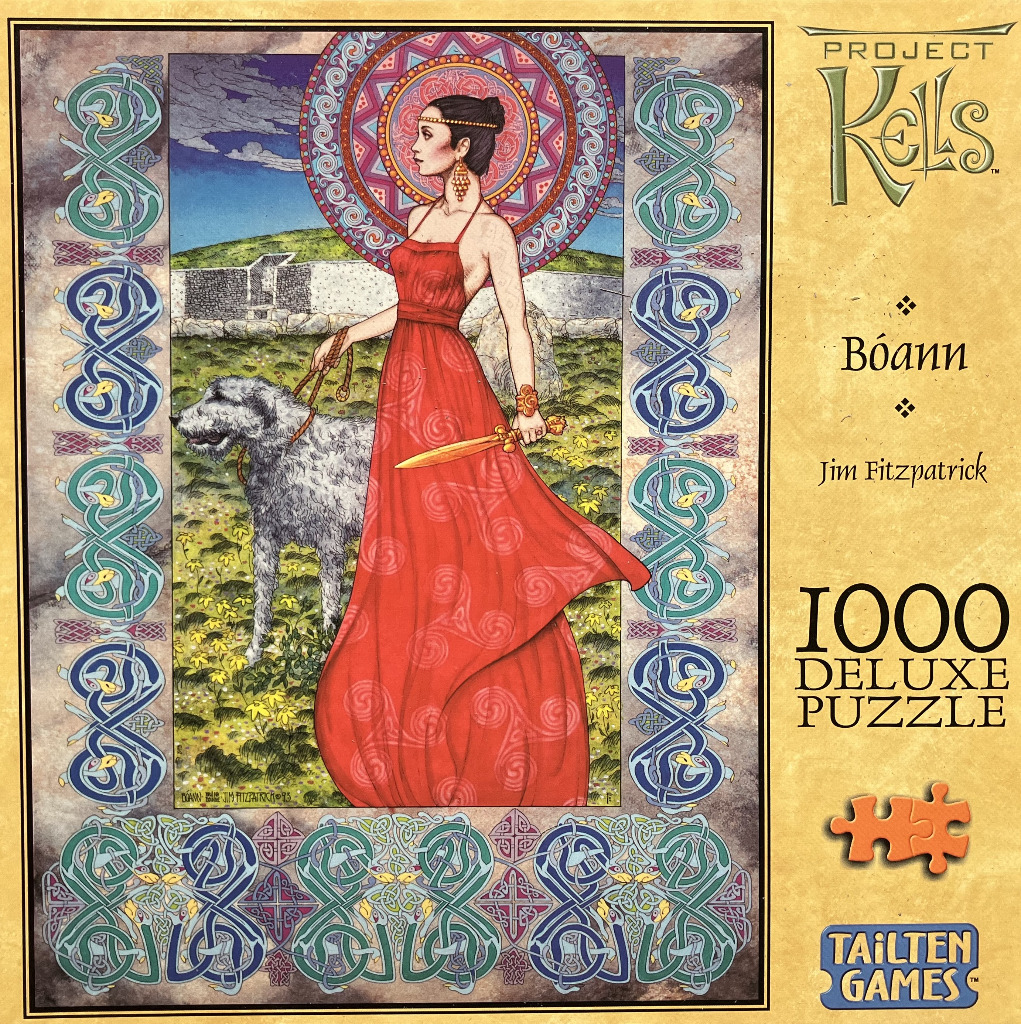 Illustration of the Irish goddess Boann in a red dress with an Irish wolfhound set in a Celtic knotwork border.