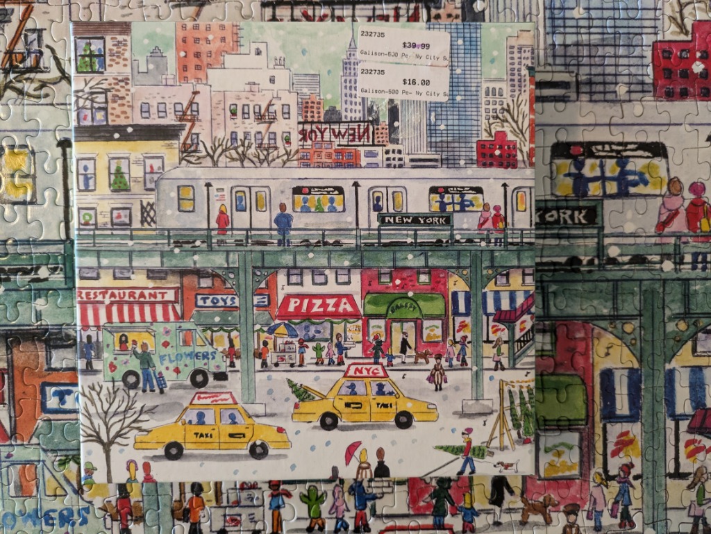 Watercolor illustration of a snowy New York City street scene with an elevated train, yellow taxis, and pedestrians.