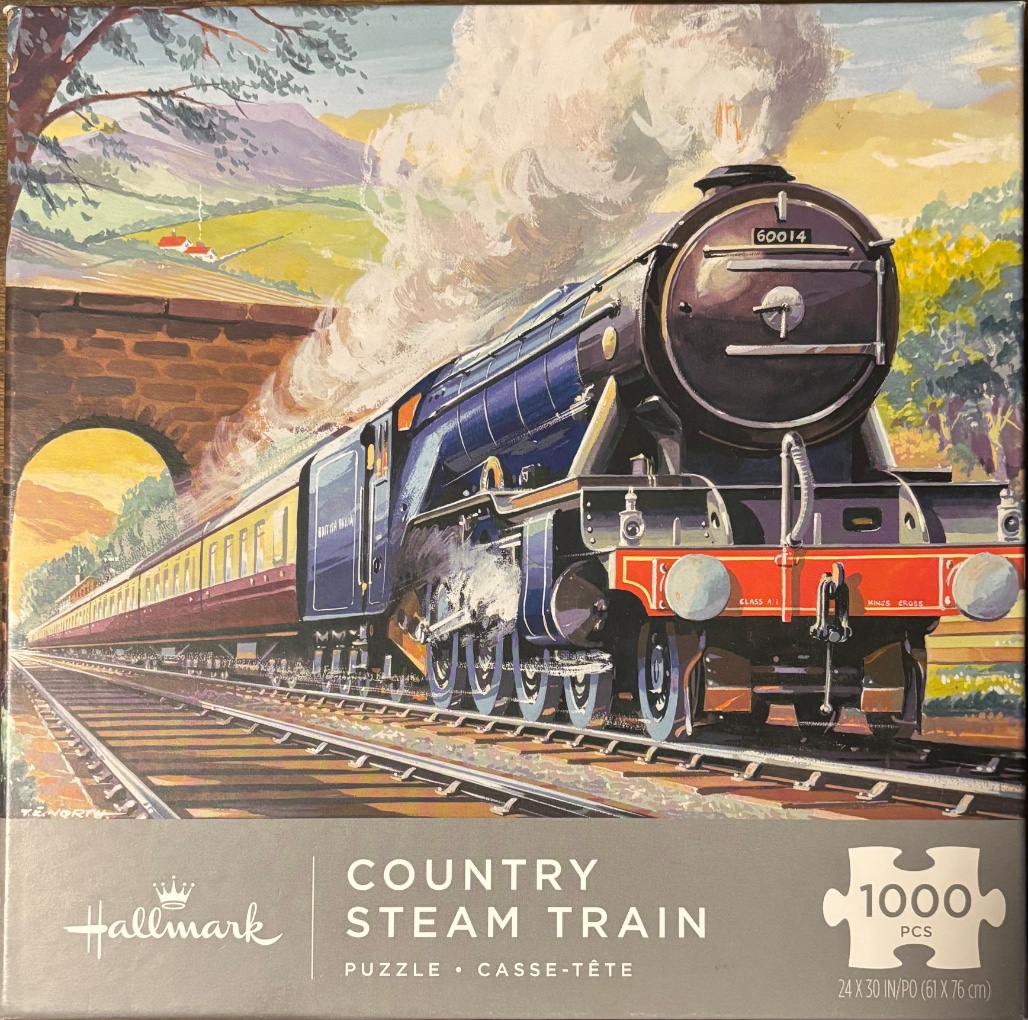 A painting of a steam locomotive, numbered 60014, traveling through a green countryside past a stone bridge.