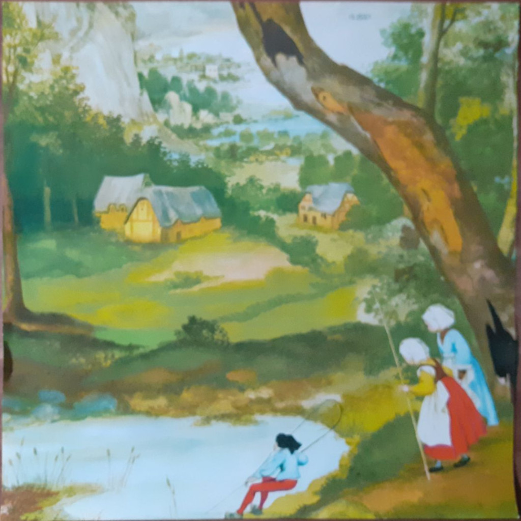 Pastoral landscape with a pond, a child fishing, and two women walking past a large tree.