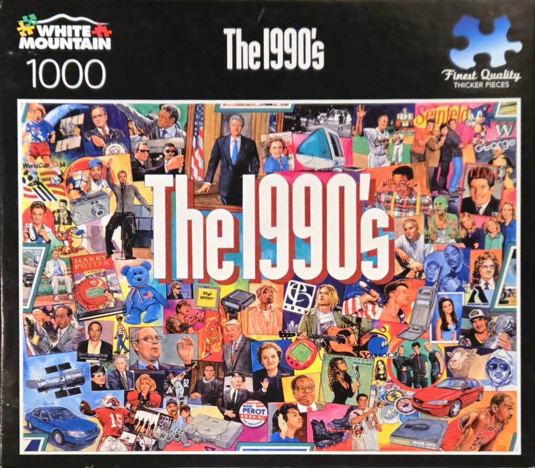 A nostalgic collage of 1990s pop culture, political, and technological imagery.