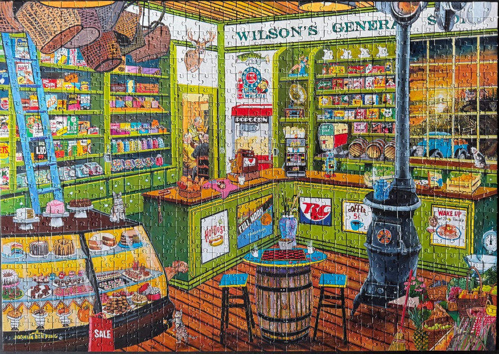 Illustration of the interior of Wilson's General Store with shelves, a bakery counter, and a potbelly stove.
