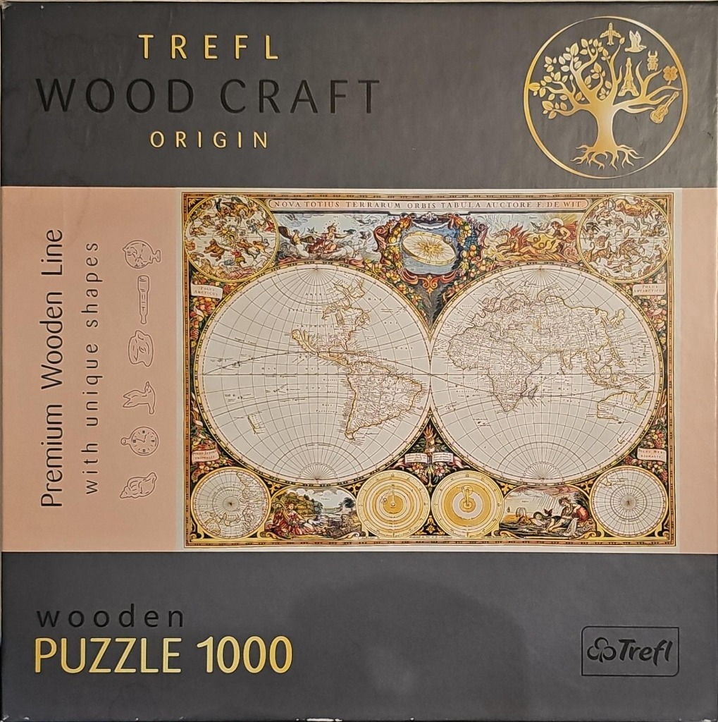 An antique-style dual-hemisphere world map illustration with ornate celestial borders.