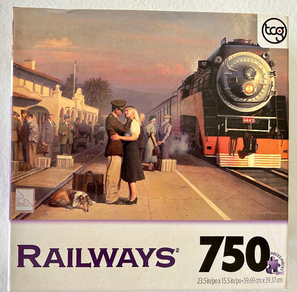 A soldier in uniform embracing a woman at a train station platform at sunset.