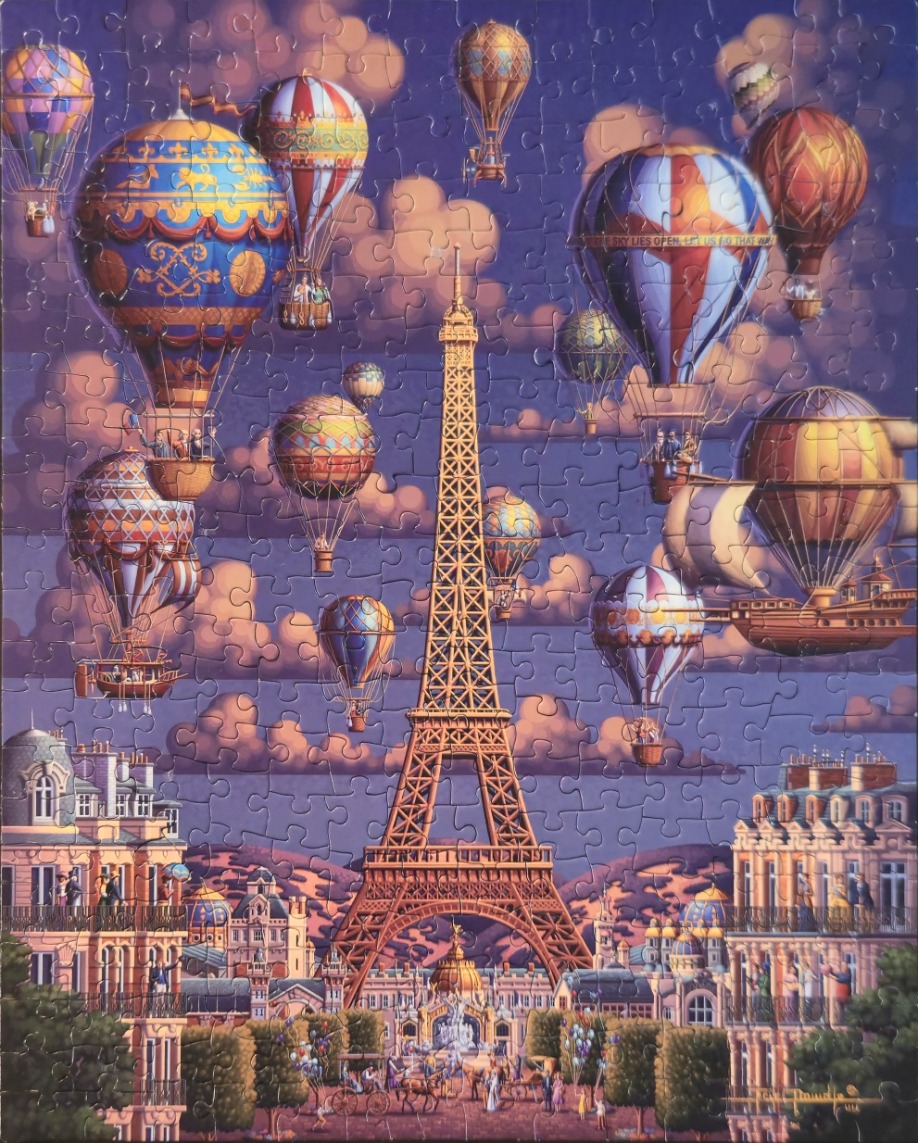 A whimsical illustration of the Eiffel Tower surrounded by many colorful hot air balloons against a sunset sky.