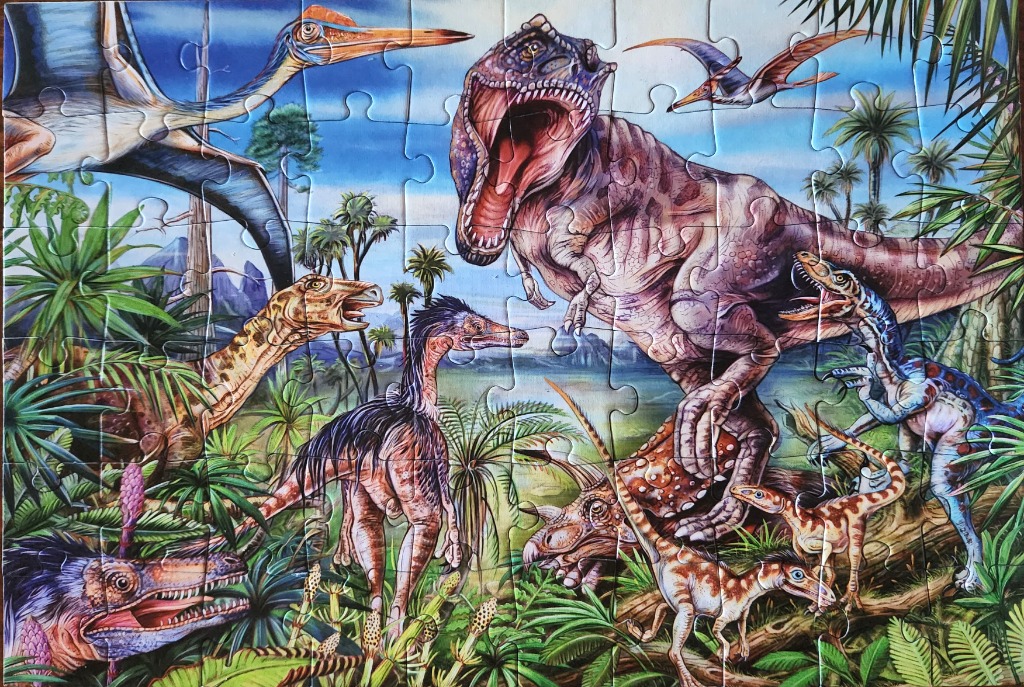 Vibrant prehistoric jungle scene featuring a roaring Tyrannosaurus rex surrounded by various dinosaurs