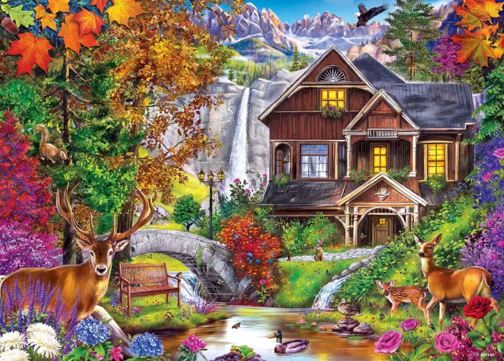 A cozy wooden house near a waterfall surrounded by autumn trees and wildlife.
