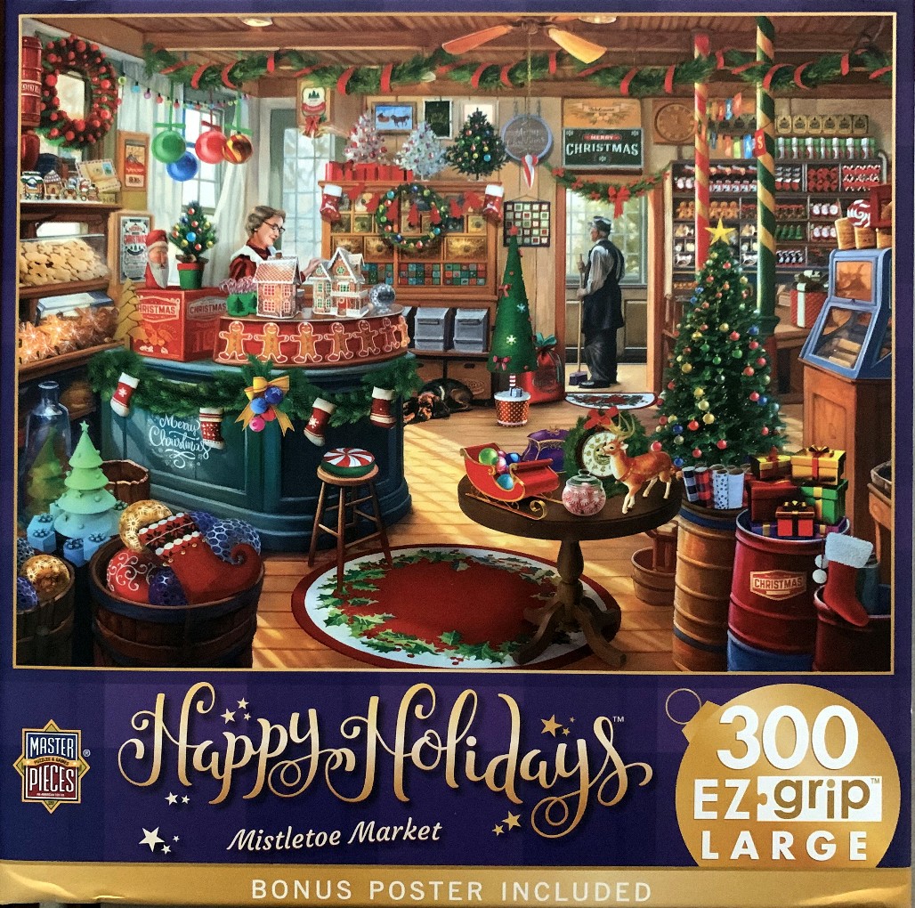 An illustration of a cozy, vintage general store decorated for Christmas.