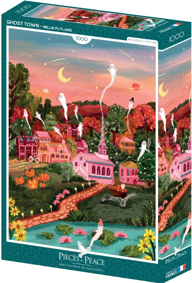 A whimsical illustration of a small town filled with friendly ghosts at dusk, featuring pink buildings and pumpkins.