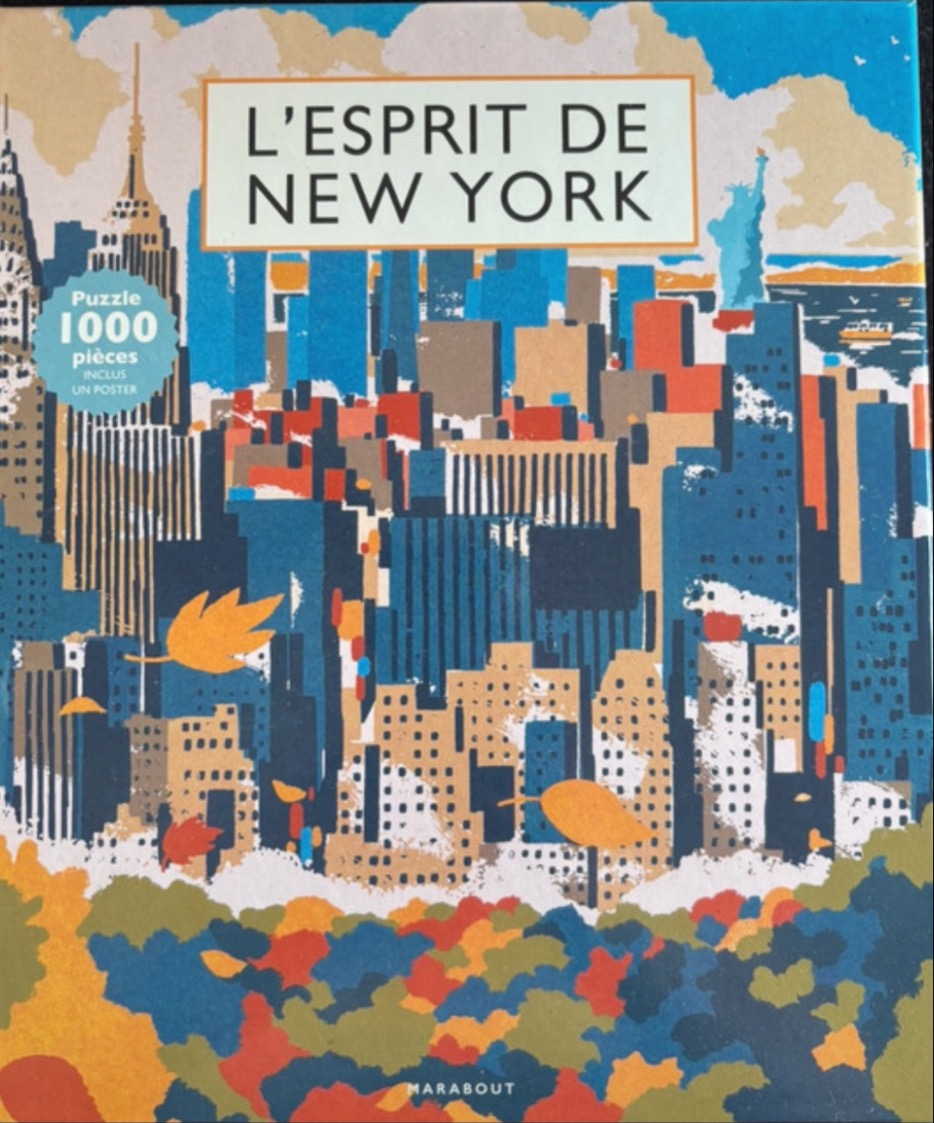 Stylized illustration of the New York City skyline in autumn with falling leaves and the Statue of Liberty.