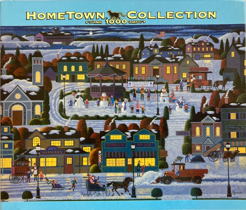 A folk art illustration of a snow-covered village town square at dusk with people, snowmen, and horse-drawn carriages.