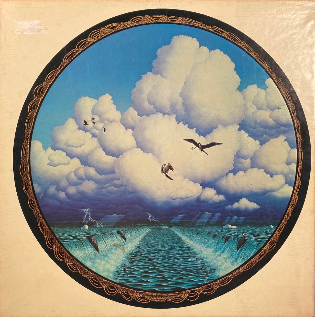 Surrealist illustration of a V-shaped ocean waterfall with birds flying against a backdrop of massive cumulus clouds.