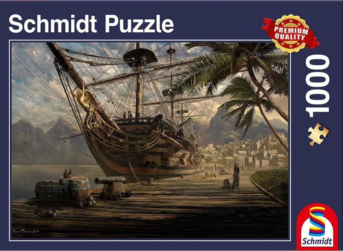 A wooden galleon docked at a tropical port with a figure standing on the pier.