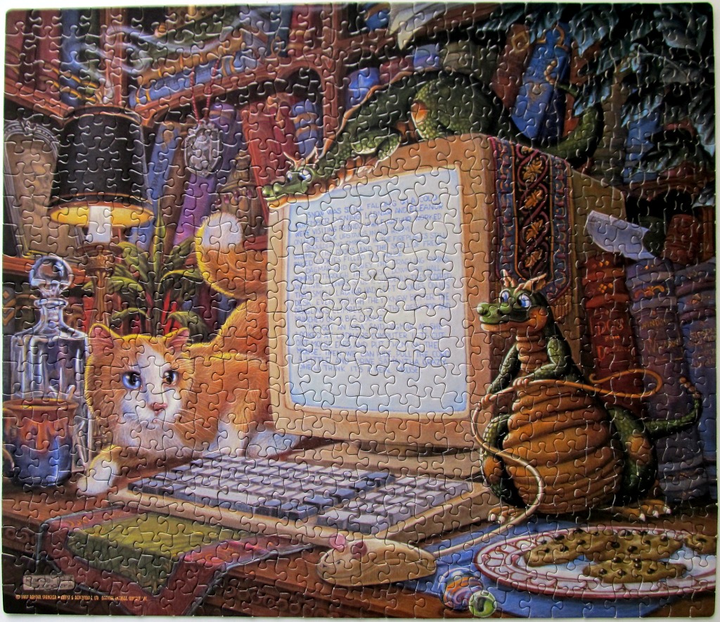 Illustration of a cat and a small dragon working at a computer in a cozy study.