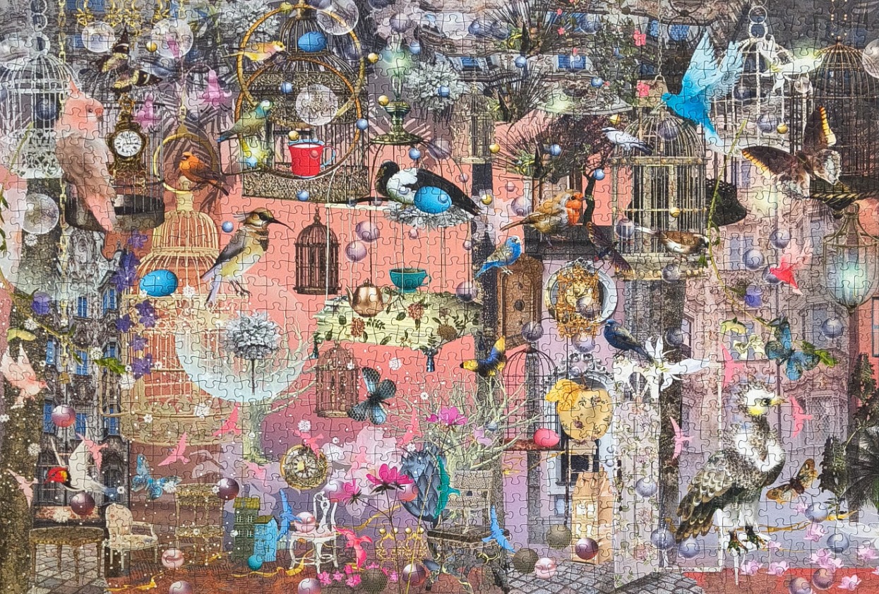 Whimsical collage of vintage birdcages, colorful birds, and floating objects against a dusty rose background.