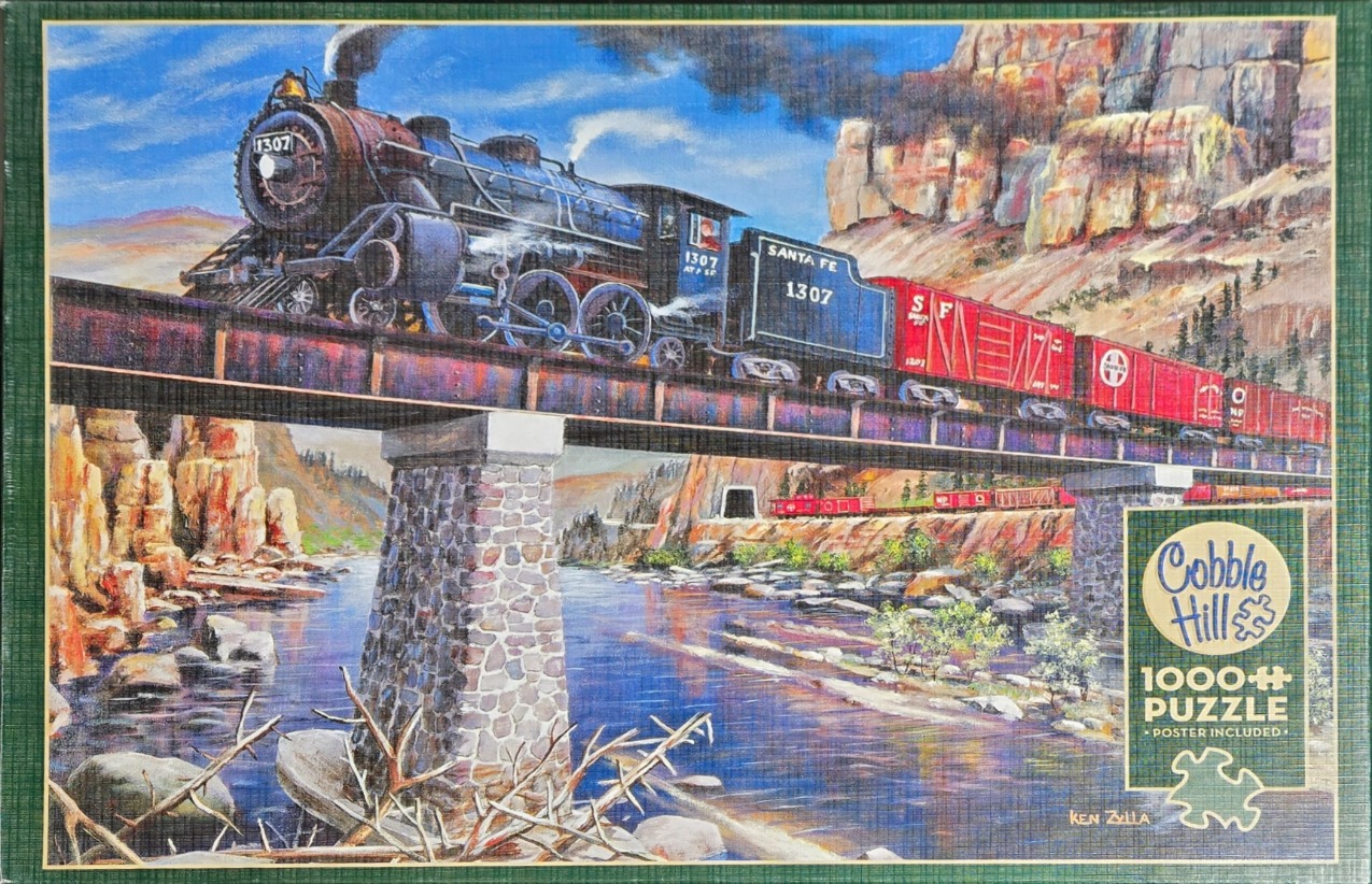 A painting of a Santa Fe steam locomotive pulling red freight cars across a high trestle bridge over a river canyon.