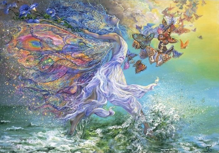 A whimsical fairy with butterfly wings dances above turquoise ocean waves, surrounded by butterflies.