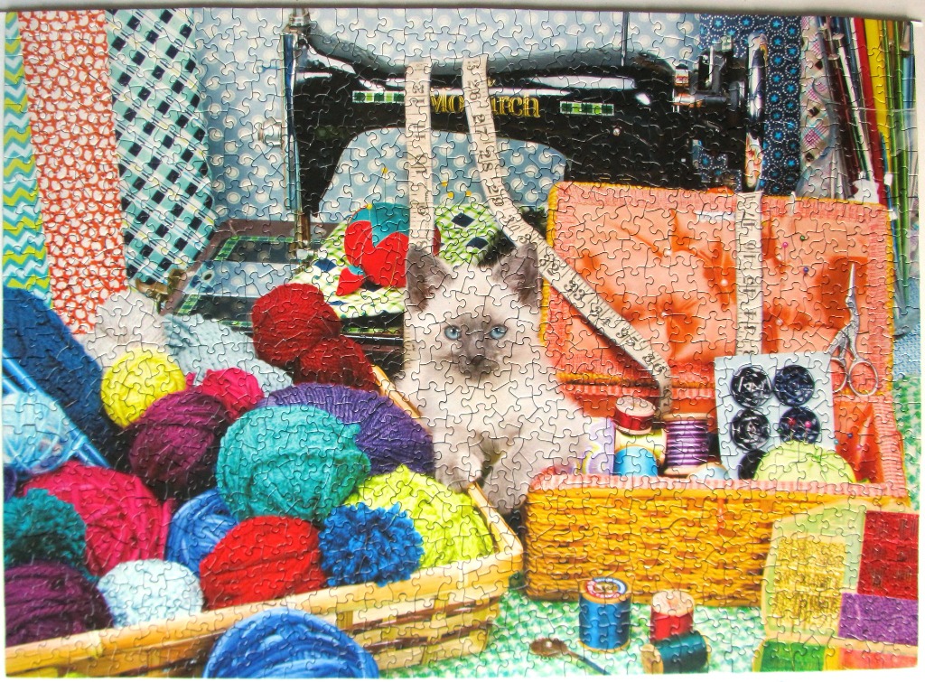 A Siamese kitten sitting in a craft room filled with yarn, a sewing machine, and sewing supplies.