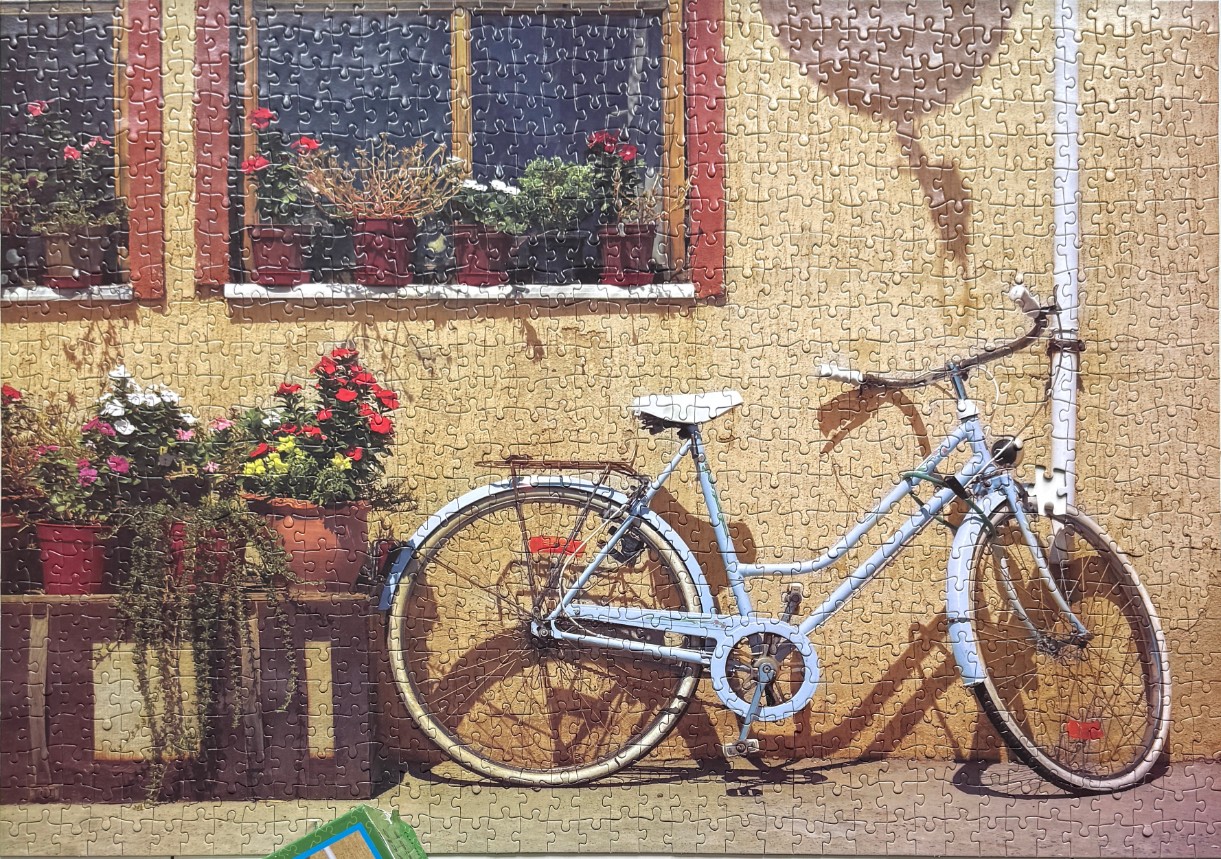 A pale blue bicycle parked against a textured golden-yellow wall with window flower boxes and blooming red and white flowers.