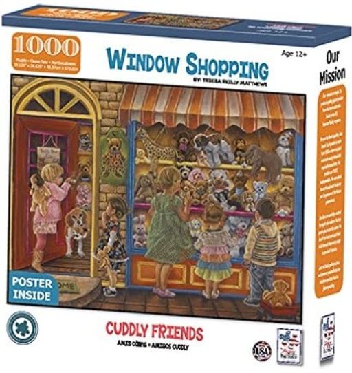 Three children looking into a toy store window filled with plush stuffed animals