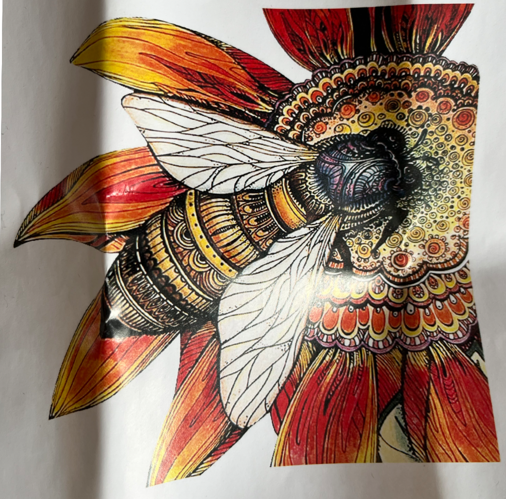 A detailed illustration of a bee resting on a sunflower featuring intricate mandala-style patterns.