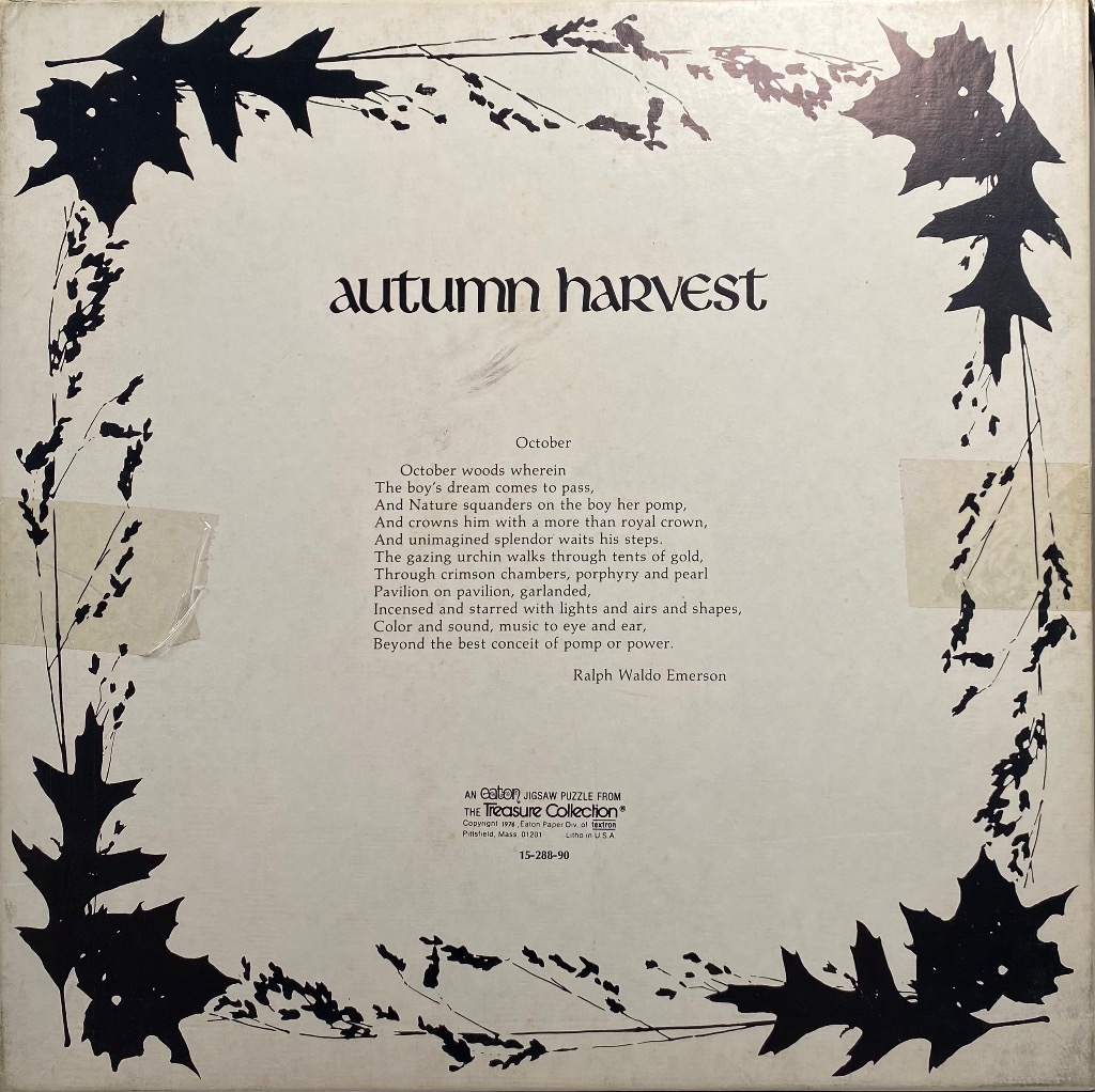 A poem titled Autumn Harvest by Ralph Waldo Emerson, framed by a border of black silhouette oak leaves.