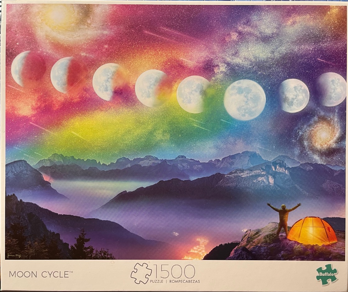 A surreal celestial scene featuring a progression of moon phases above a mountain landscape with a camper and orange tent.