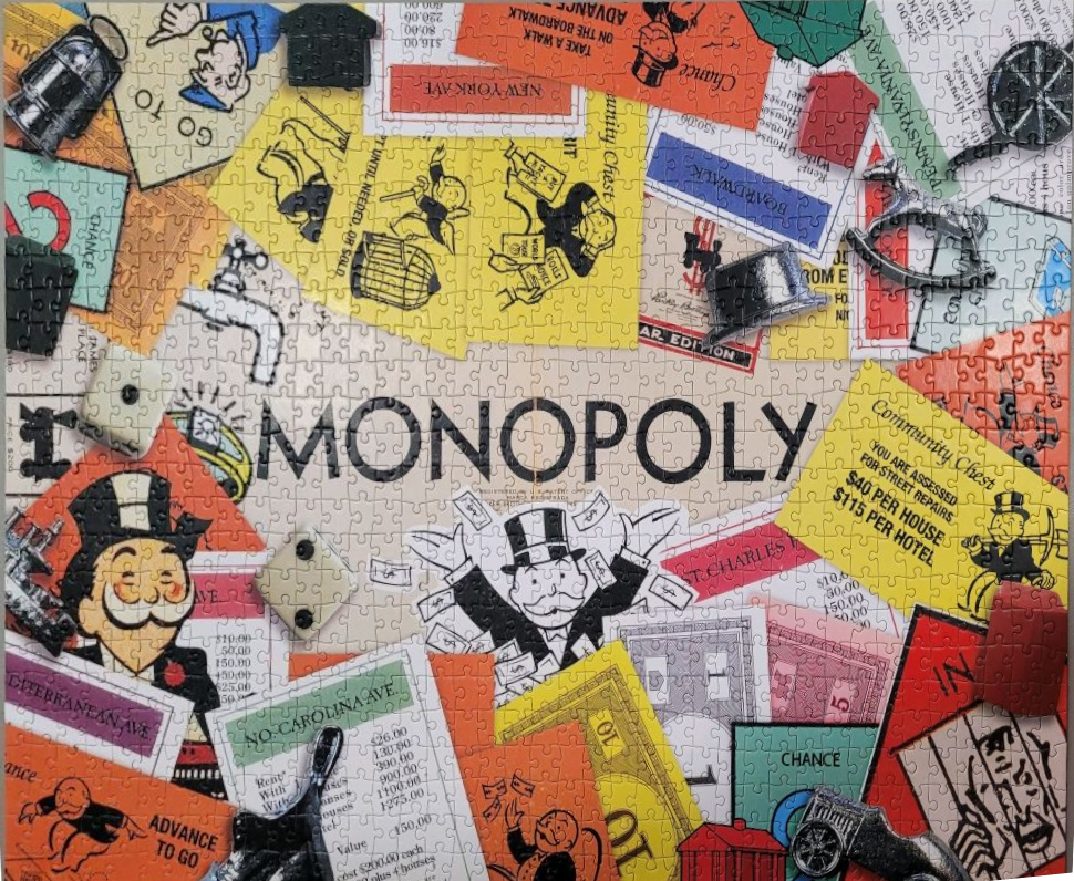 Collage of colorful Monopoly board game components including money, property cards, and metal tokens.