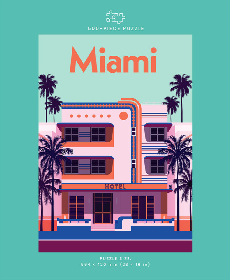 Art Deco hotel in Miami with palm trees in a minimalist, flat graphic style.