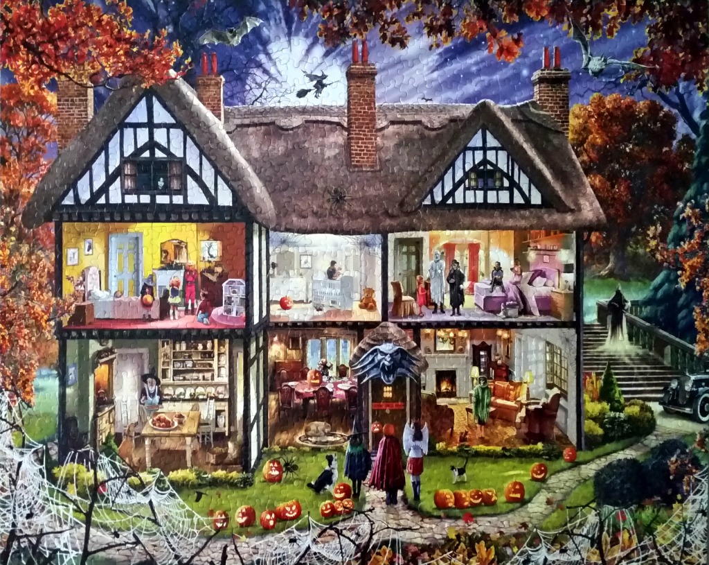 A dollhouse-style cross-section view of a spooky Halloween cottage filled with costumes and decorations.