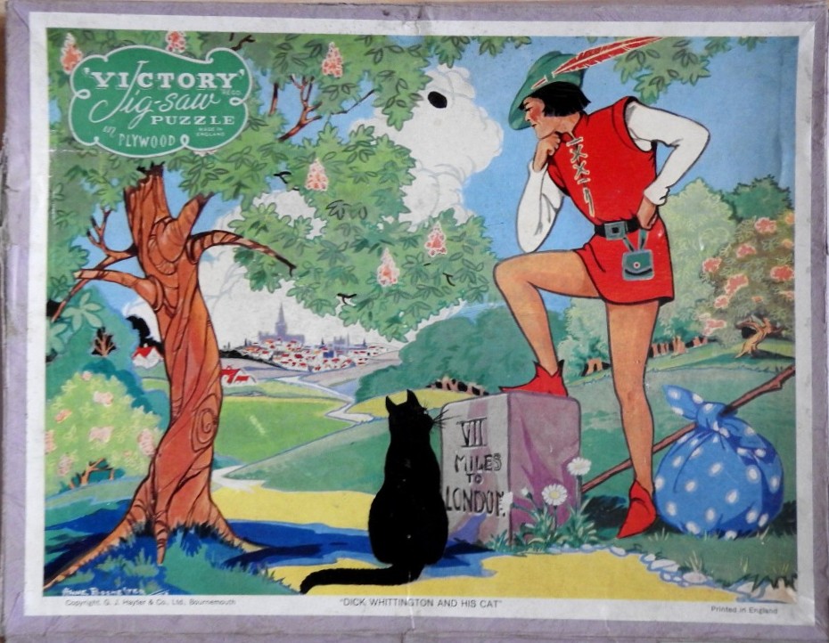 Vintage illustration of Dick Whittington standing beside a milestone with his black cat, looking toward London.