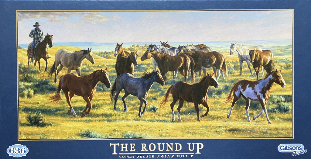 A wide oil painting of a cowboy on horseback herding a group of wild horses across a grassy, sunlit prairie.