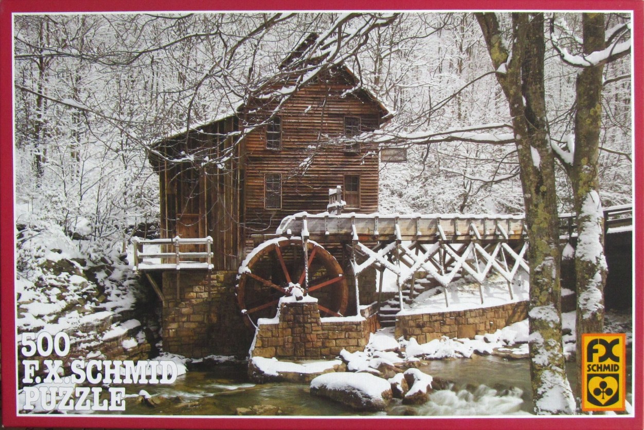 A rustic wooden grist mill with a waterwheel sits in a snowy, wooded forest landscape near a flowing stream.
