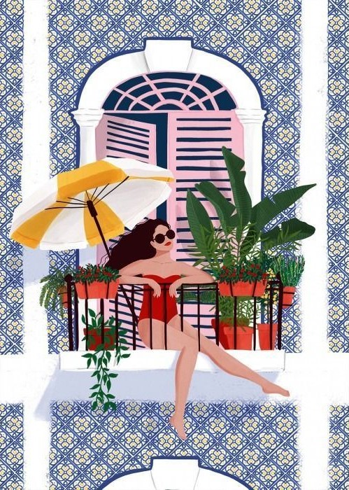 A stylized illustration of a woman in a red swimsuit relaxing on a balcony with potted plants and a yellow beach umbrella.