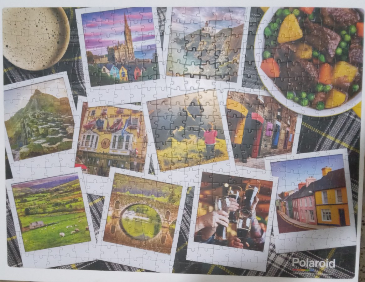 A collage of Polaroid-style photographs depicting Irish scenes, food, and landscapes.