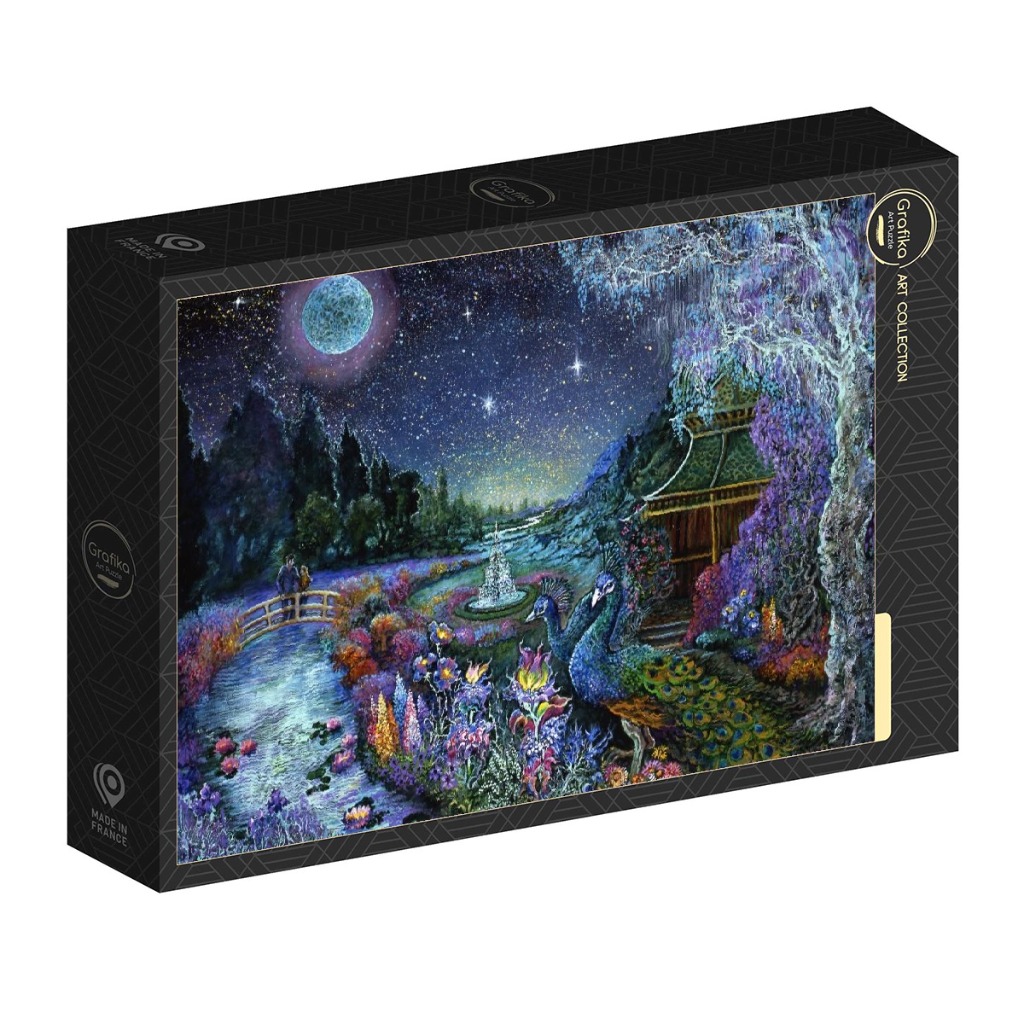 Fantasy garden scene at night with peacocks, a moonlit pond, and a couple on a bridge