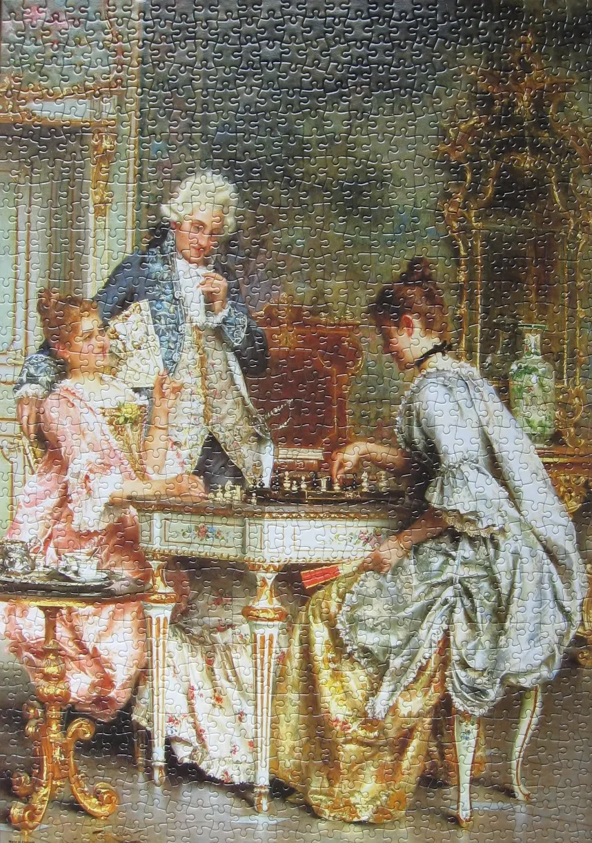 A painting of a man and two women playing chess in an 18th-century setting.