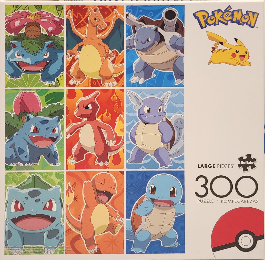 Grid of nine Pokemon characters featuring the evolutionary lines of Bulbasaur, Charmander, and Squirtle.