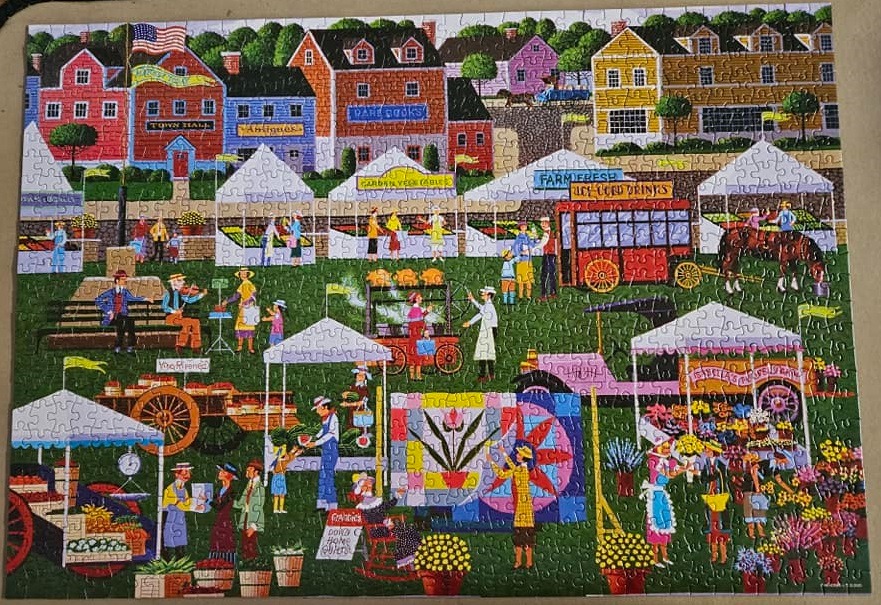 Folk art illustration of a bustling outdoor town square market with tents, shops, and diverse vendors.