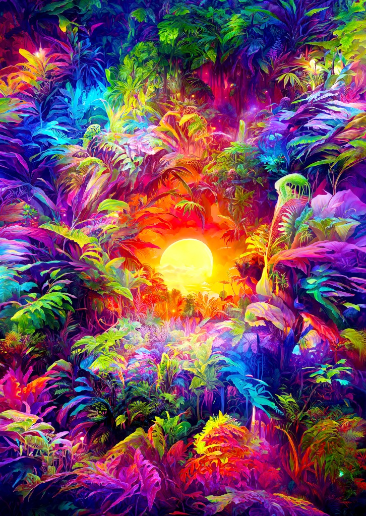 Vibrant, psychedelic jungle scene at sunset with lush colorful foliage