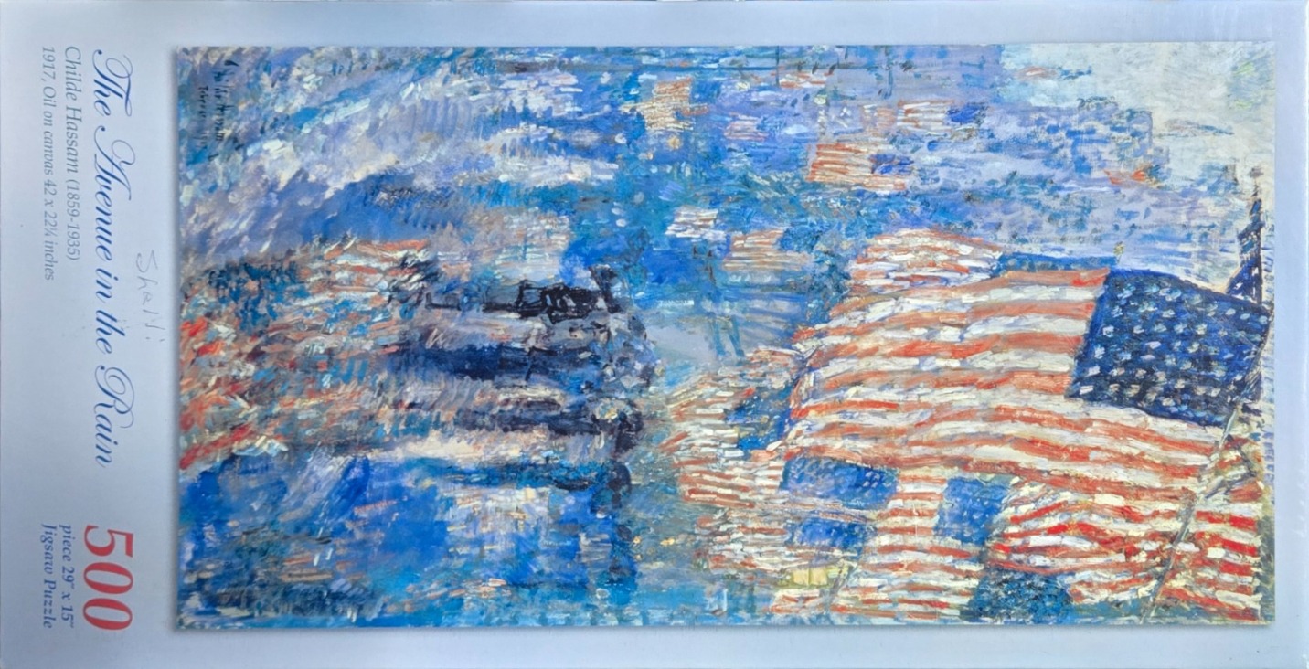 Impressionist painting of Fifth Avenue in New York City with American flags in the rain by Childe Hassam.
