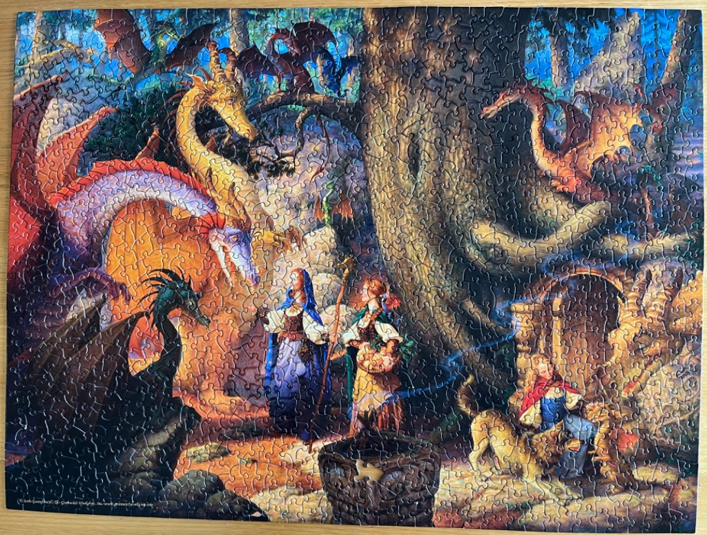 A fantasy illustration of two women encountering multiple dragons in a magical forest.