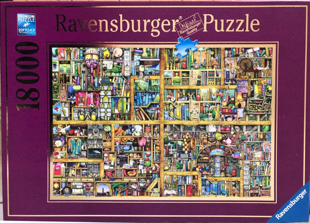 Detailed illustration of a massive, cluttered wooden bookshelf filled with countless eclectic items and books.